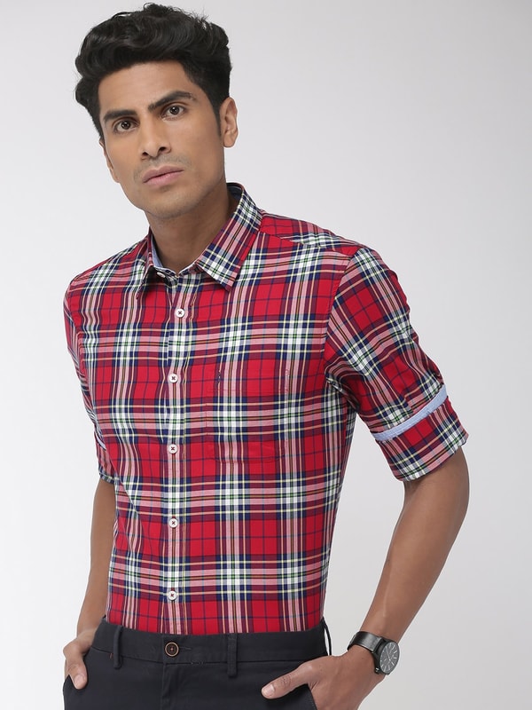 Mens Red Checked Slim Fit Shirt